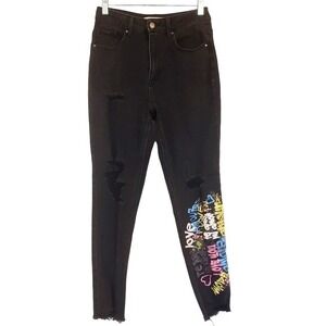 TINSLETOWN jeans graffiti size 7 black skinny high waist chewed hem